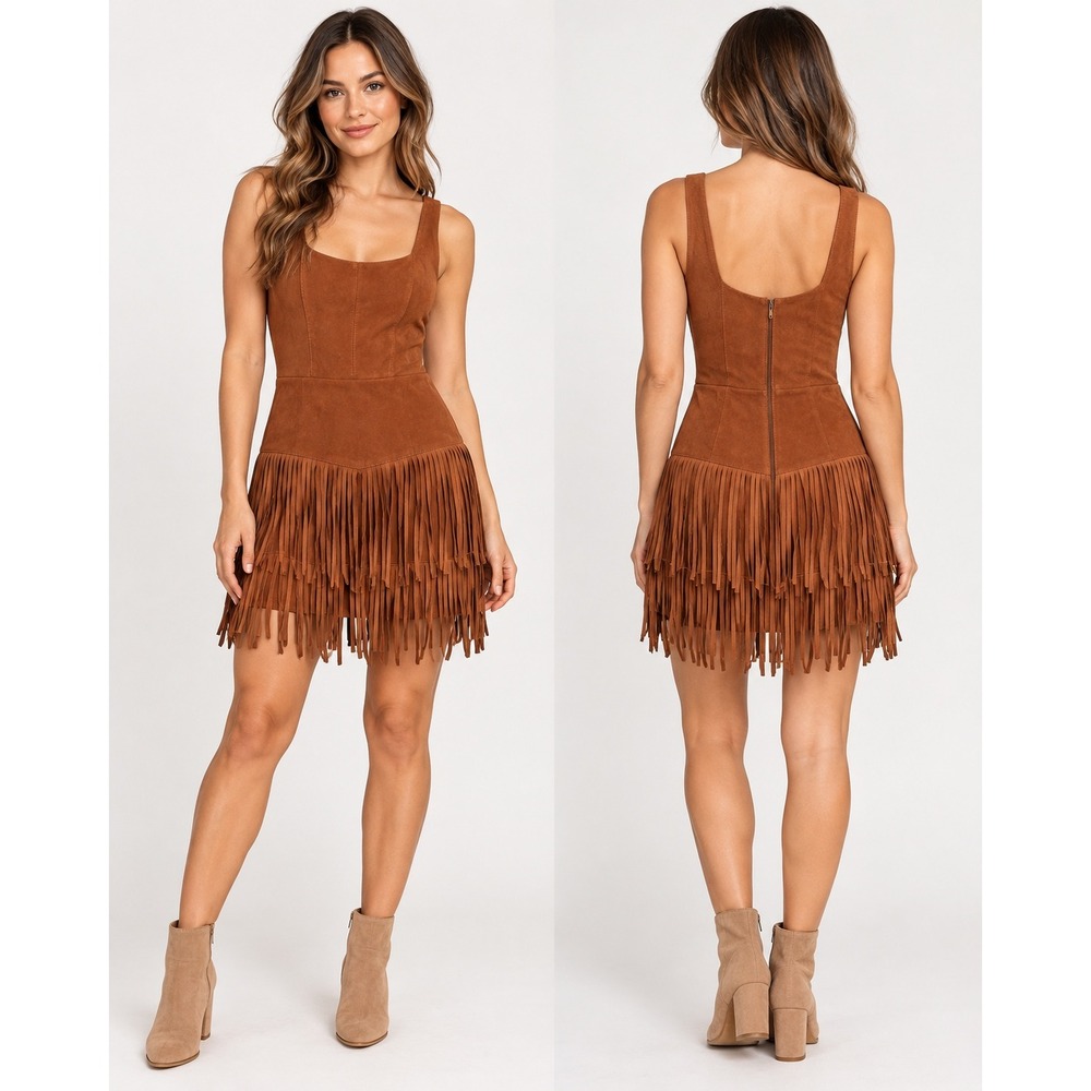 NWT Trixie Faux Suede Fringe Mini Dress Size L Brown Western Boho stretchy
